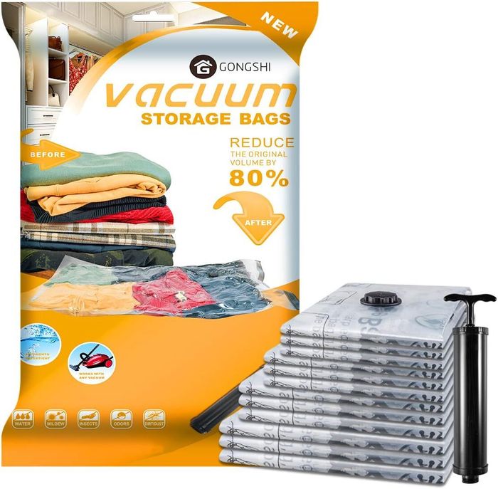 Vacuum storage bags with a pump for compressing clothing, shown with before and after images of usage