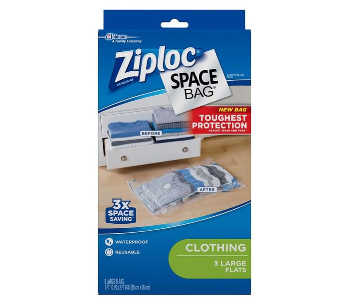 A pack of Ziploc Space Bags for clothes, featuring a before-and-after comparison of storage space.