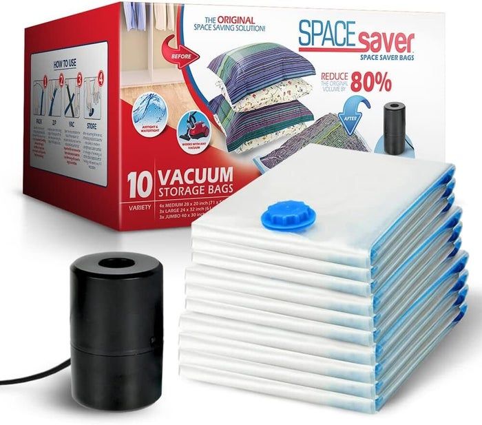 Vacuum-sealed storage bags with a pump for space-saving, packaging displayed along with usage instructions