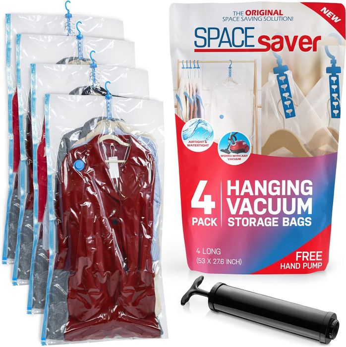 Four vacuum-sealed storage bags with a pump, promoted for hanging clothes to maximize space