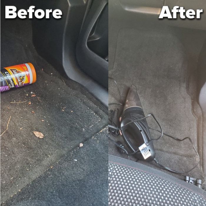 A reviewer's photo showcasing a before and after of their car floor cleaned using the vacuum