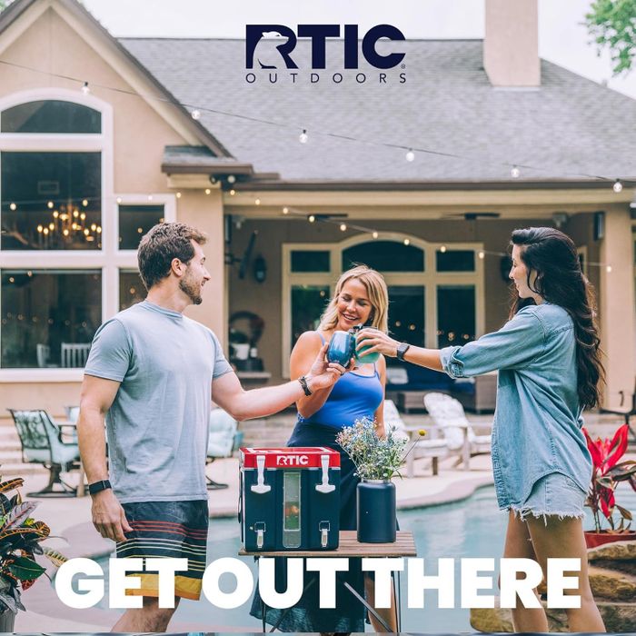 Three friends enjoying the poolside, with one pouring a drink from an RTIC cooler, accompanied by text.