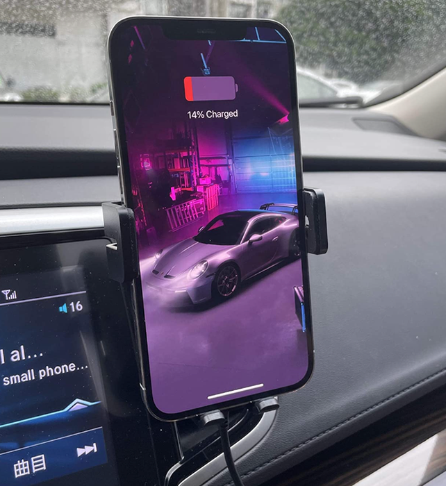the phone mount with a phone secured in it