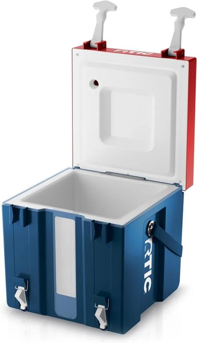 A portable cooler with an open lid, showcasing ample storage space. Perfect for outdoor gatherings.