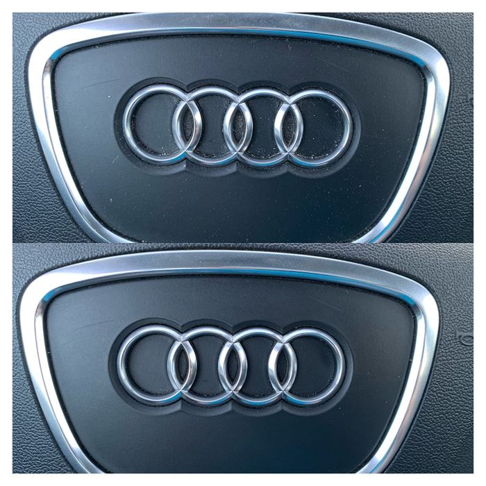 A reviewer's steering wheel shown before and after using the car putty
