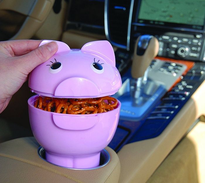 A reviewer photo of the pig container in a car holding a snack