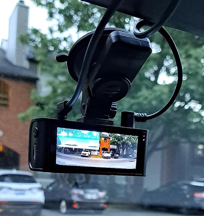 reviewers' dash cam attached to their windshield