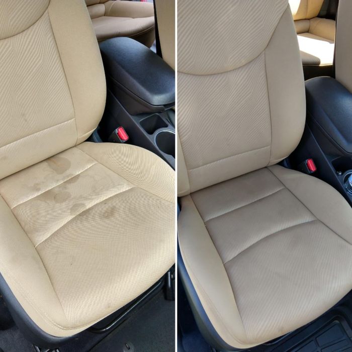 A reviewer's before-and-after photos showing a stained car seat that is then spotless and clean
