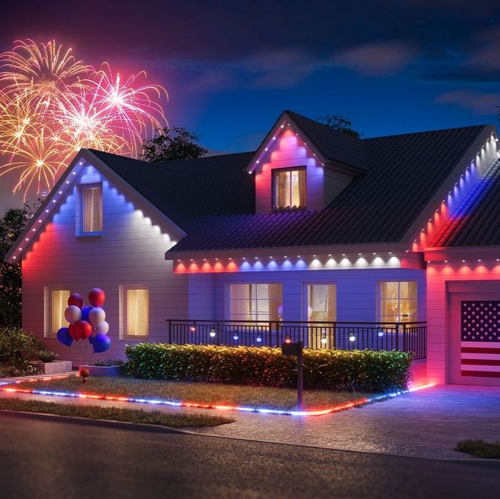 A house decked out in RGBIC lights shows off red, white, and blue hues, complemented by a flag, celebrating the Fourth of July. In the background, fireworks light up the sky.