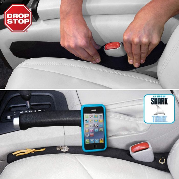a split image showing a model placing the black DropStop into the car and another image demonstrating how the car gap filler prevents a phone, coins, and fries from falling through the gap