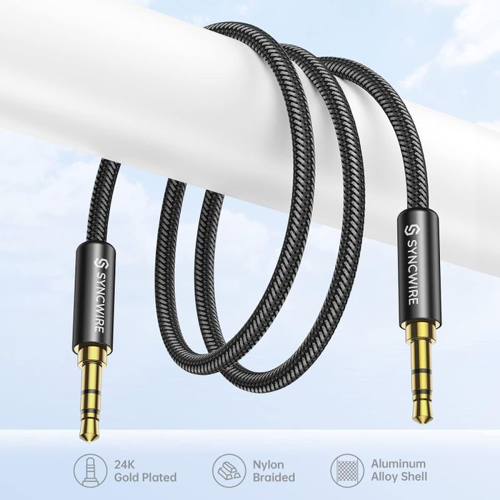 The braided black auxiliary cord