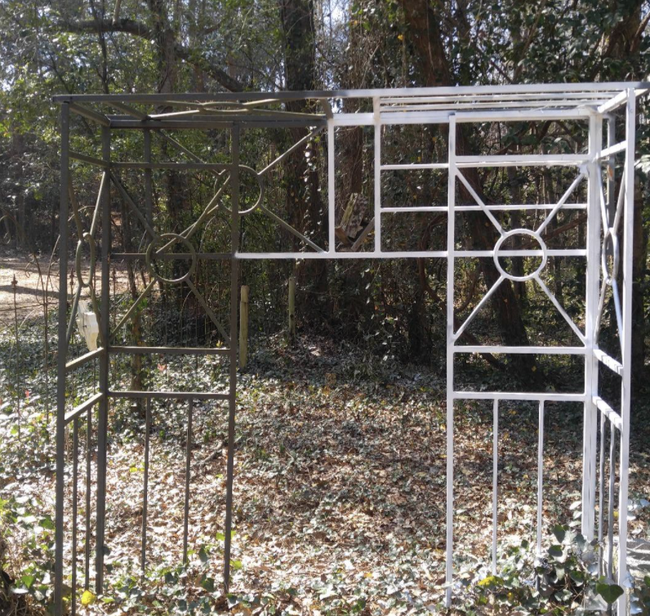 A metal garden trellis partially painted with fresh white paint, giving it a clean and new look.