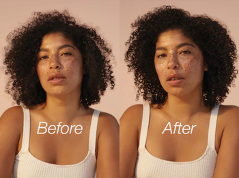 A before-and-after image of a model who has applied the hair oil.