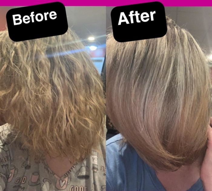 Another reviewer displaying their hair before and after using the hot brush.