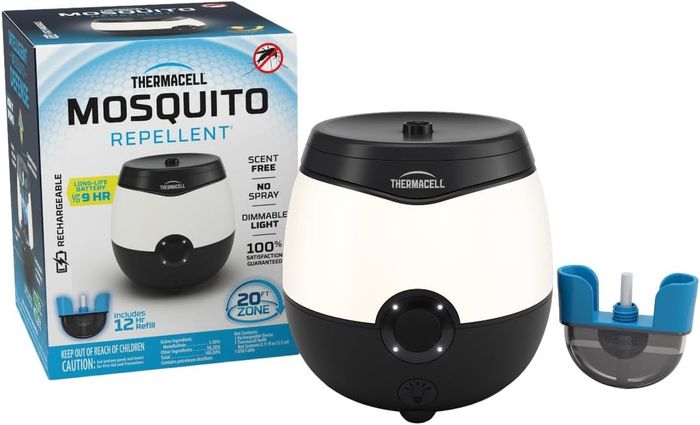 Mosquito repellent device placed beside packaging and refill, designed to create an insect-free zone.