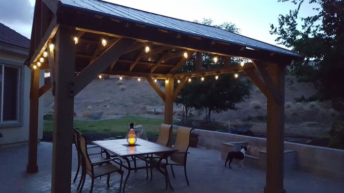 A patio at dusk with string lights on a pergola, a table with a lantern, chairs, and a dog strolling by