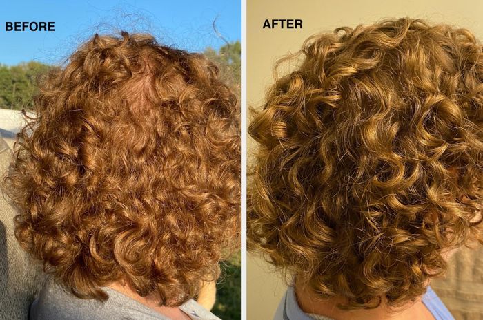 Reviewer's before and after photos showcasing short, curly hair transformation