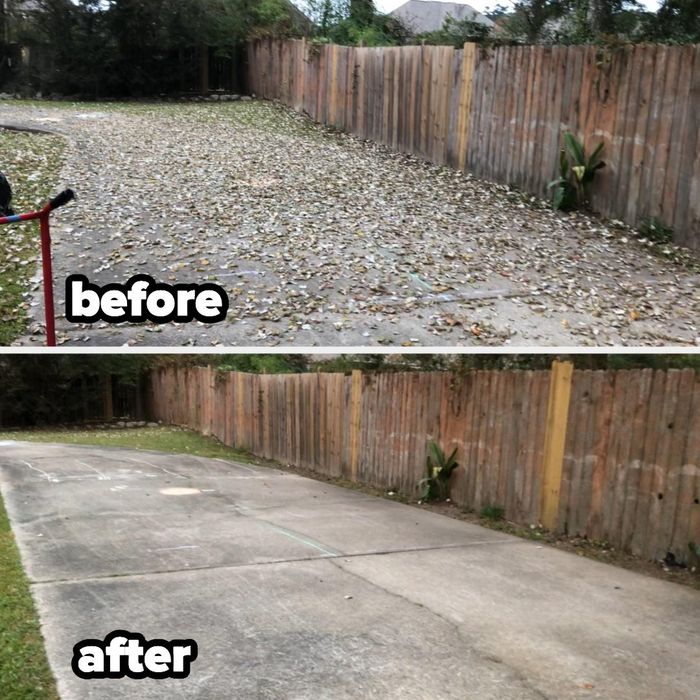 A side-by-side comparison showing a driveway covered in leaves, followed by a spotless, leaf-free driveway