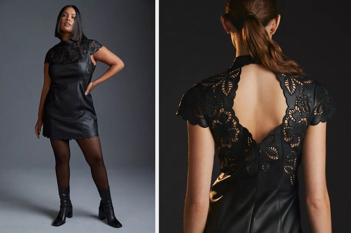 A model wearing a black faux leather mini dress with a high-neck and cap sleeves, featuring laser-cut floral designs. She is paired with black sheer tights and ankle boots, and the back view of the dress reveals a small open back.