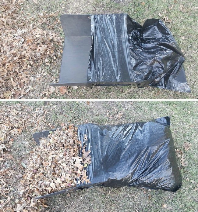 A user’s setup: the large tri-fold plastic board, positioned inside a plastic garbage bag, remains open wide while they rake in leaves. The bag’s taco shape helps funnel everything in with ease.