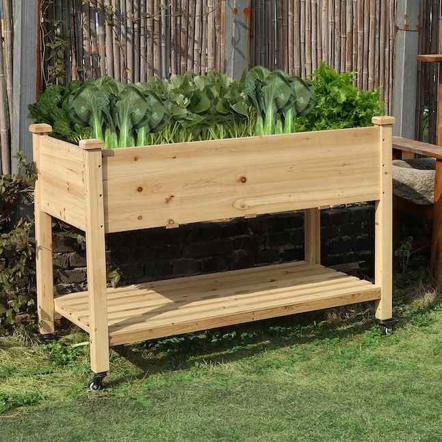 the cedar planter box on wheels filled with thriving plants