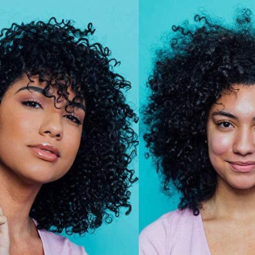 A model showcasing before and after results using CurlMix, with visibly more hydrated and defined curls.