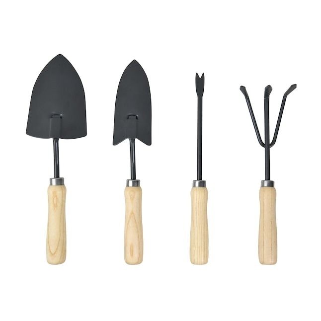 a set of tools featuring a trowel, transplanter, cultivator, and weeder