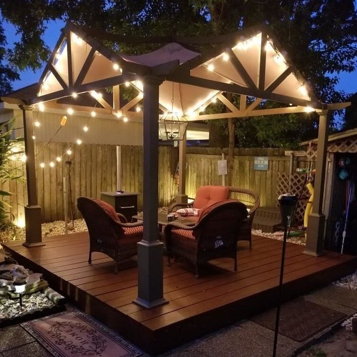 A reviewer’s photo capturing an outdoor gazebo adorned with string lights along its edges