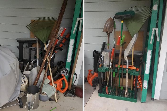 A collection of outdoor tools neatly organized in the cart.