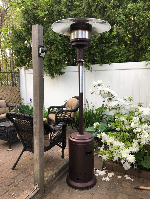 An outdoor heater set up on a reviewer’s patio
