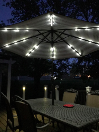 The umbrella glowing with lights underneath during the nighttime