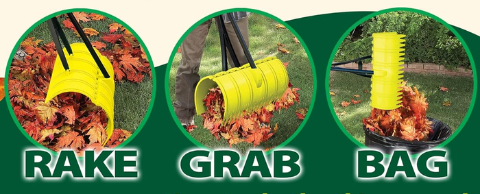 A versatile 3-in-1 garden rake that efficiently rakes, grabs, and bags leaves all in one go.