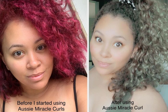 Reviewer's before and after hair photos, left caption: Before using Aussie Miracle Curls, right caption: After using Aussie Miracle Curls