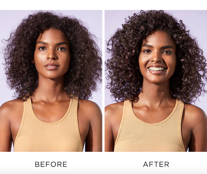 Before and after photos of a model showcasing results after using the shampoo