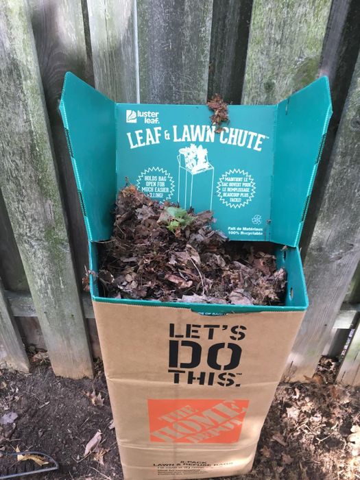 a reviewer's brown paper bag filled with leaves, with the leaf chute still inserted