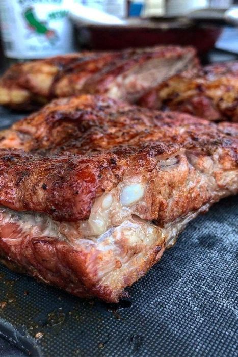 A rack of tender, smoked pork ribs, just pulled from the smoker by the reviewer.