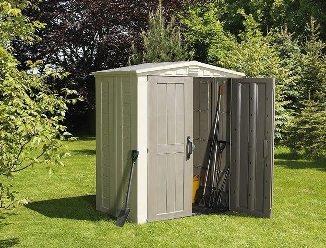 A two-door outdoor shed shown in the photo.