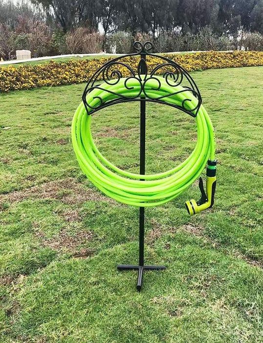 A stylish, freestanding hose holder.
