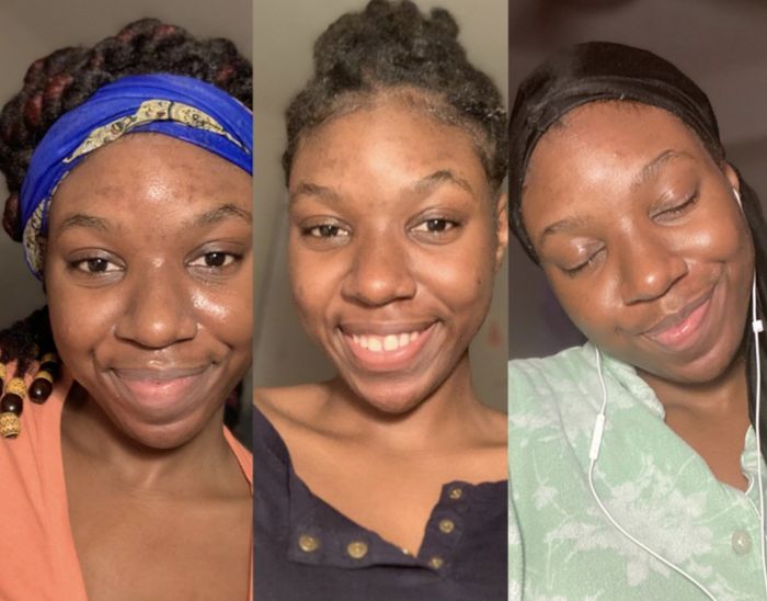 Three images depict the same cheerful woman, each showcasing a different hairstyle and headscarf.
