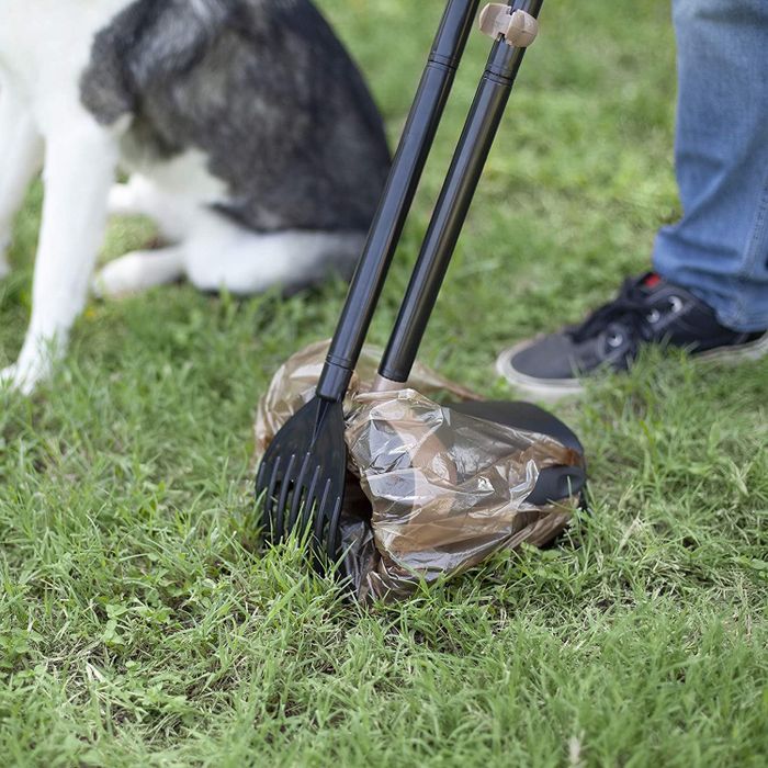 The pooper scooper, featuring a rake and a waste bin.