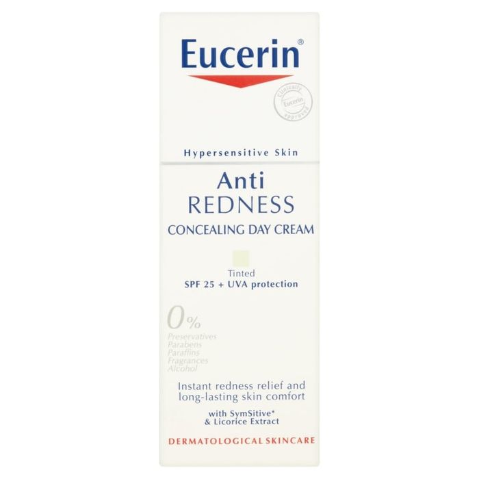 Eucerin Anti-Redness Concealing Day Cream for hypersensitive skin, SPF 25 + UVA, tinted, free from preservatives, parabens, and alcohol. Offers immediate relief