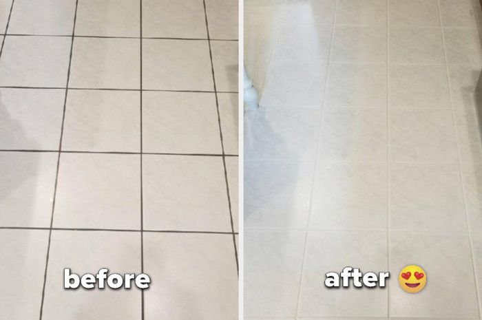 A customer review before and after photo of their tiled floor, showcasing dirty grout turning completely white