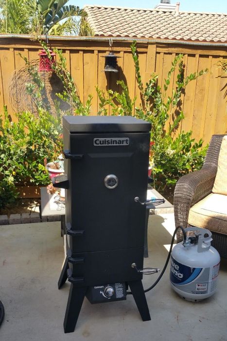 The reviewer showcases their Cuisinart vertical smoker in a cozy outdoor patio setup.