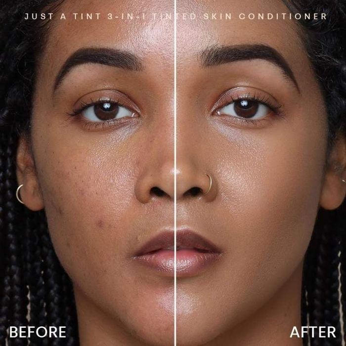 A model showcasing the before-and-after results of using the tinted skin conditioner.