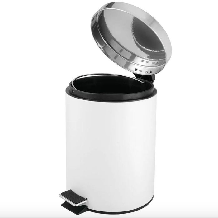 A white step trash can with the lid open, revealing a removable bucket liner with a chrome handle for easy emptying.