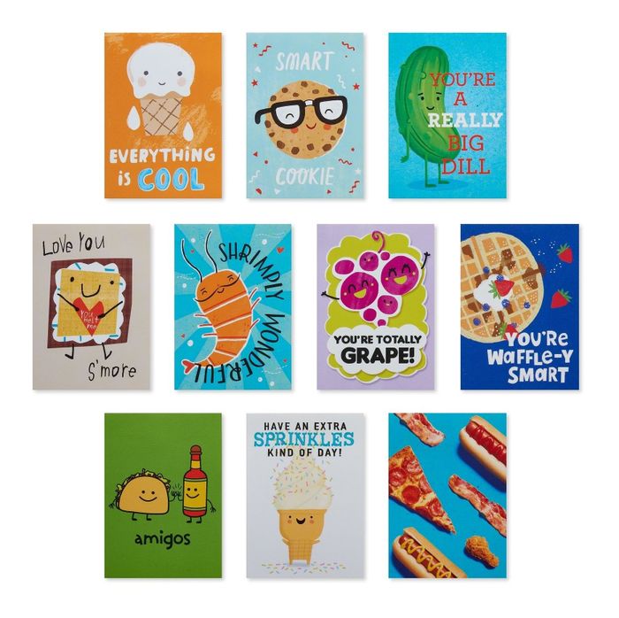 An assortment of food-themed notes for lunchboxes