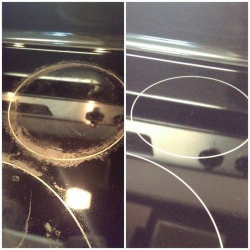 A before-and-after image showing a reviewer's stovetop with a ring of grime around the burner, followed by a spotless burner after cleaning