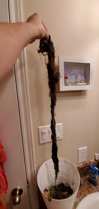 A reviewer proudly holding a long strand of thick hair that the drain snake successfully removed
