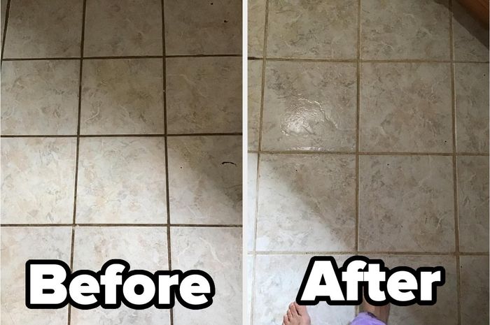 A side-by-side comparison of a tiled floor before and after cleaning, showcasing a significant improvement in cleanliness on the right side.