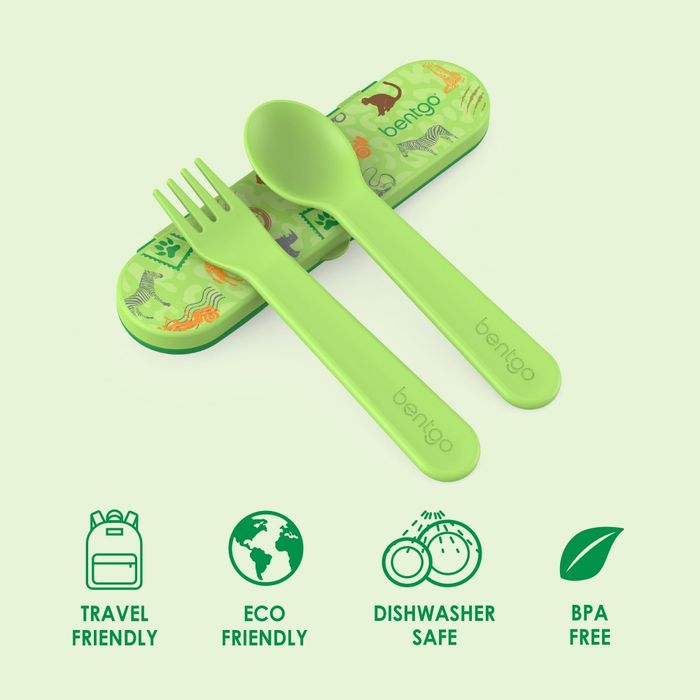 A green Benigo eco-friendly, dishwasher-safe, and BPA-free fork and spoon set, complete with a matching animal-print carry case